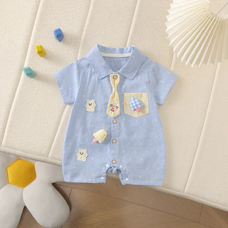 ฤดูร้อนใหม่เสื้อผ้าเด็กชายและหญิงสีฟ้าปกบอดี้สูทแขนสั้นผูก0-24เดือนสบายแฟชั่นการ์ตูนหมีไอศครีม ชุดรอมเปอร์ สไตล์เกาหลี