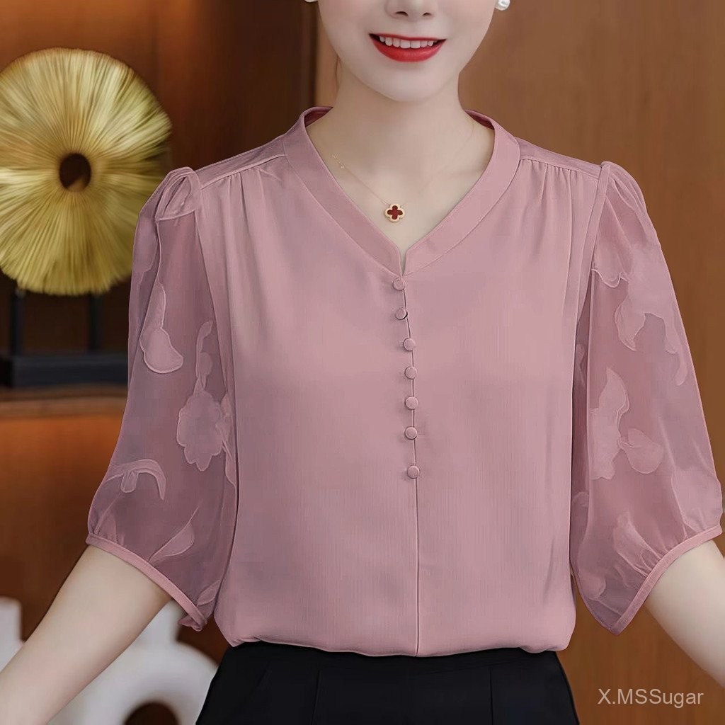 ขนาดใหญ่ เสื้อเชิ้ตแขนสั้นคอวีสำหรับผู้หญิง 2025 ดีไซน์ใหม่คุณภาพสูง สไตล์ตะวันตกที่เข้ารูป