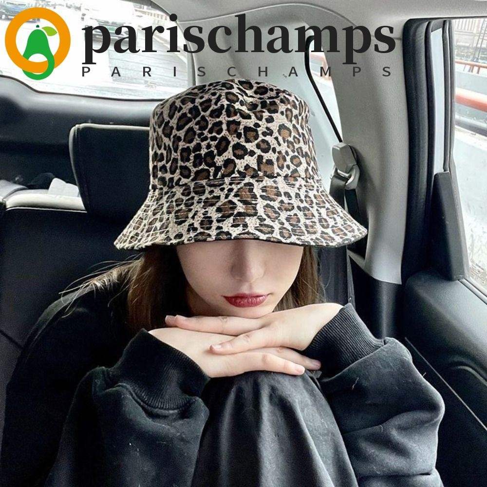 PARISCHAMPS Y2k หมวกบักเก็ต, ถังลายเสือดาวบังแดดสไตล์เกาหลี, แฟชั่นกลางแจ้งปีกใหญ่ท่องเที่ยวหมวกชาวประมงชายและหญิง