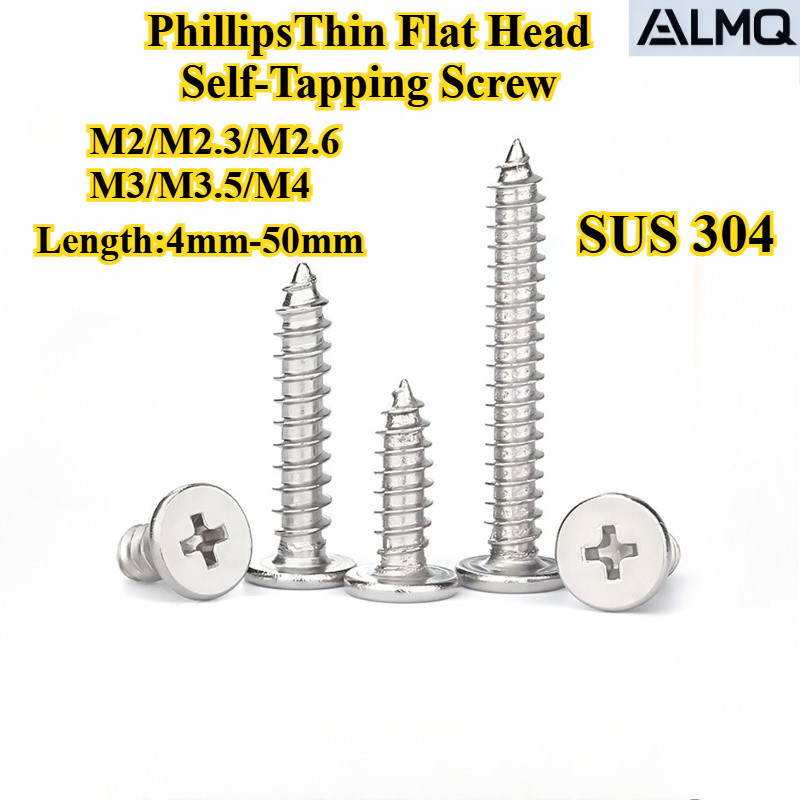 [LMQ-ZGLS] SUS304 PhillipsThin Flat Head Self-Tipping Screw M2/M2.6/M3/M3.5/M4 Cross Flat Head Pointed Tail Screw, ความยาว 4mm-50mm, สกรูไม้ตกแต่ง