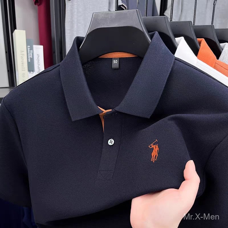 โปโลแขนสั้นปักสำหรับผู้ชาย 2025 ใหม่ฤดูร้อน สบายๆ สีพื้นหลวม
