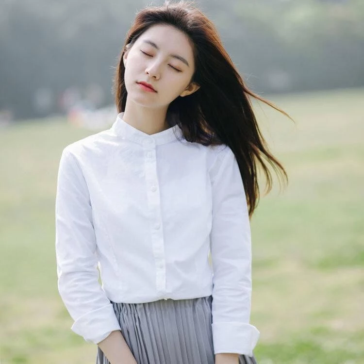 ผู้หญิงแขนยาวเสื้อเชิ้ตสีขาว,สีทึบผ้าฝ้ายผ้าลินินยืนปกเสื้อ,เสื้อธุรกิจขนาดบวก