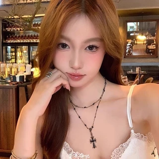 (พร้อมส่ง จากไทย) จี้ไม้กางเขน Y2K Necklacesสร้อยคอไม้กางเขน เพชรสีดำสองชั้น สร้อยแฟชั่น โชคเกอร์ N56
