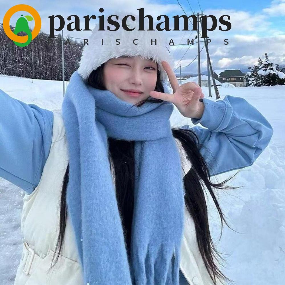 Parischamps ผ้าพันคอพู่ขนสัตว์ยาว, ผ้าพันคอแคชเมียร์ฤดูหนาวสไตล์เกาหลีสีทึบ, แฟชั่นกันลมกลางแจ้ง Thicken ผ้าคลุมไหล่แคชเมียร์สาว