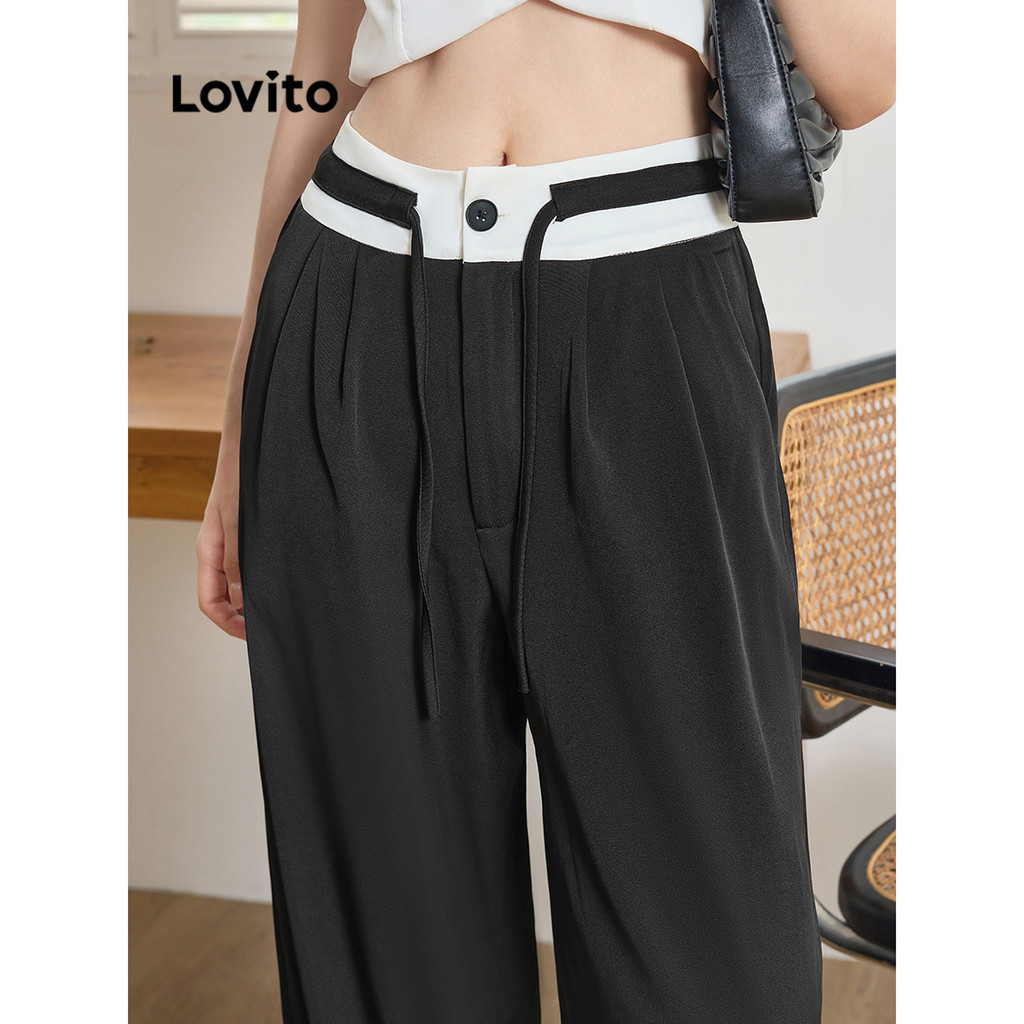 Lovito กางเกงขายาวผู้หญิง คัลเลอร์บล็อก รูดเชือก สีพื้น สไตล์ลำลอง L94AD178