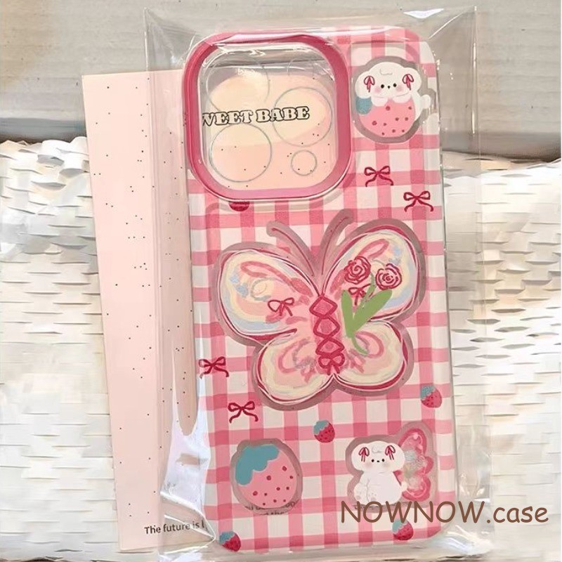Iphone 16 15 14 13 12 11 Pro Max X XR Max 7 8 Plus INS น่ารักสีชมพูตาหมากรุกผีเสื้อสาวเคสโทรศัพท์ Space shell ปกอ่อน
