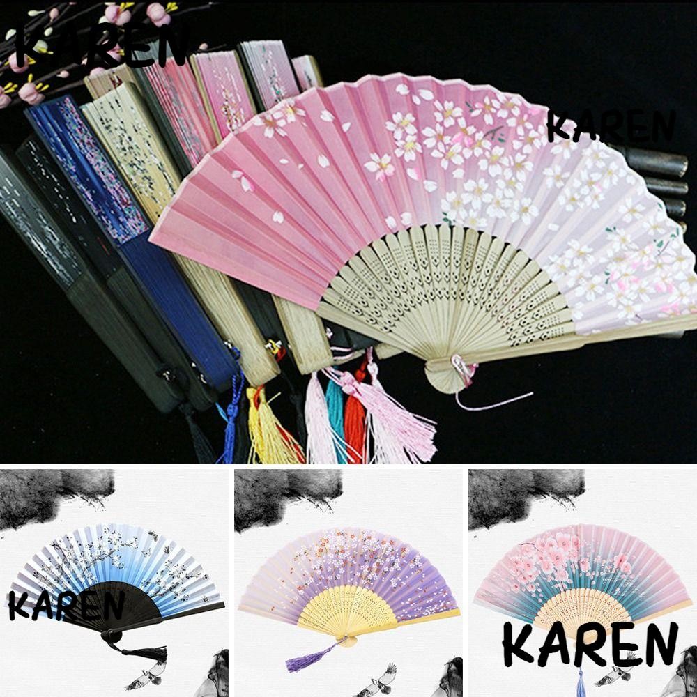 ขวา จีนญี่ปุ่นพับพัดลม, พู่ไหม สง่างาม หญิงพัดลมสไตล์วินเทจพับพัดลม,ที่มีสีสันไม้ไผ่มือพัดลมก้านคลาสสิกเต้นรําพัดลมตกแต่งบ้าน