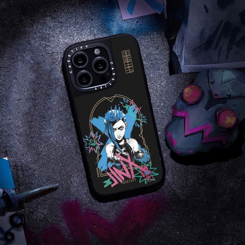 Casetify X ARCANE Jinx กรณีแม่เหล็กดูด Black & Sliver กระจก IPhone กรณี IPhone 16 15 14 13 12 Pro Max Plus Hard กลับกรณีฝาครอบกล่องแกะสลักโลโก้