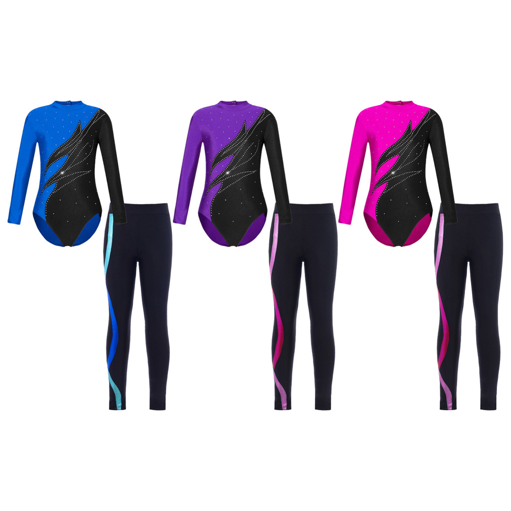 Yruioon เด็กสาวแขนยาว Mock คอ Contrast สีเงา Rhinestones ตกแต่ง Keyhole กลับ Leotard เข็มขัดเอวสีสันด้านข้างลายกางเกงสําหรับ Gymnastic Dance Comp