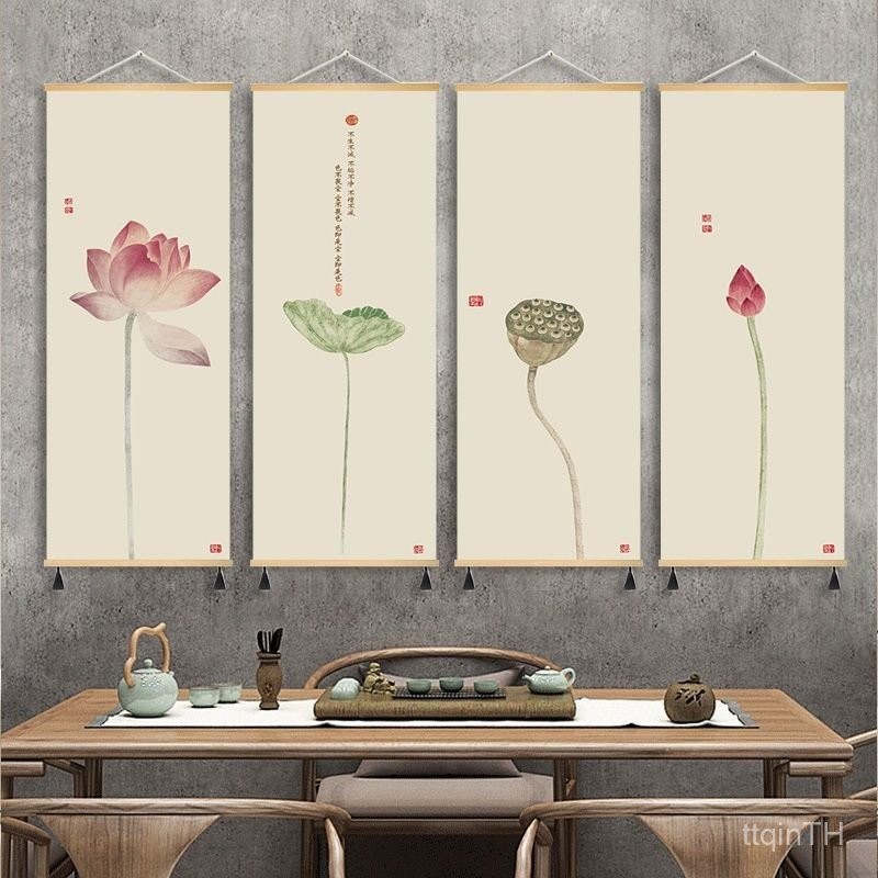 Lotus Lotus Tea Room การศึกษาทางเข้า Zen ภาพวาดแขวนห้องนั่งเล่นห้องนอนผนังพื้นหลังปิดกั้นภาพวาดตกแต่งจีนใหม่