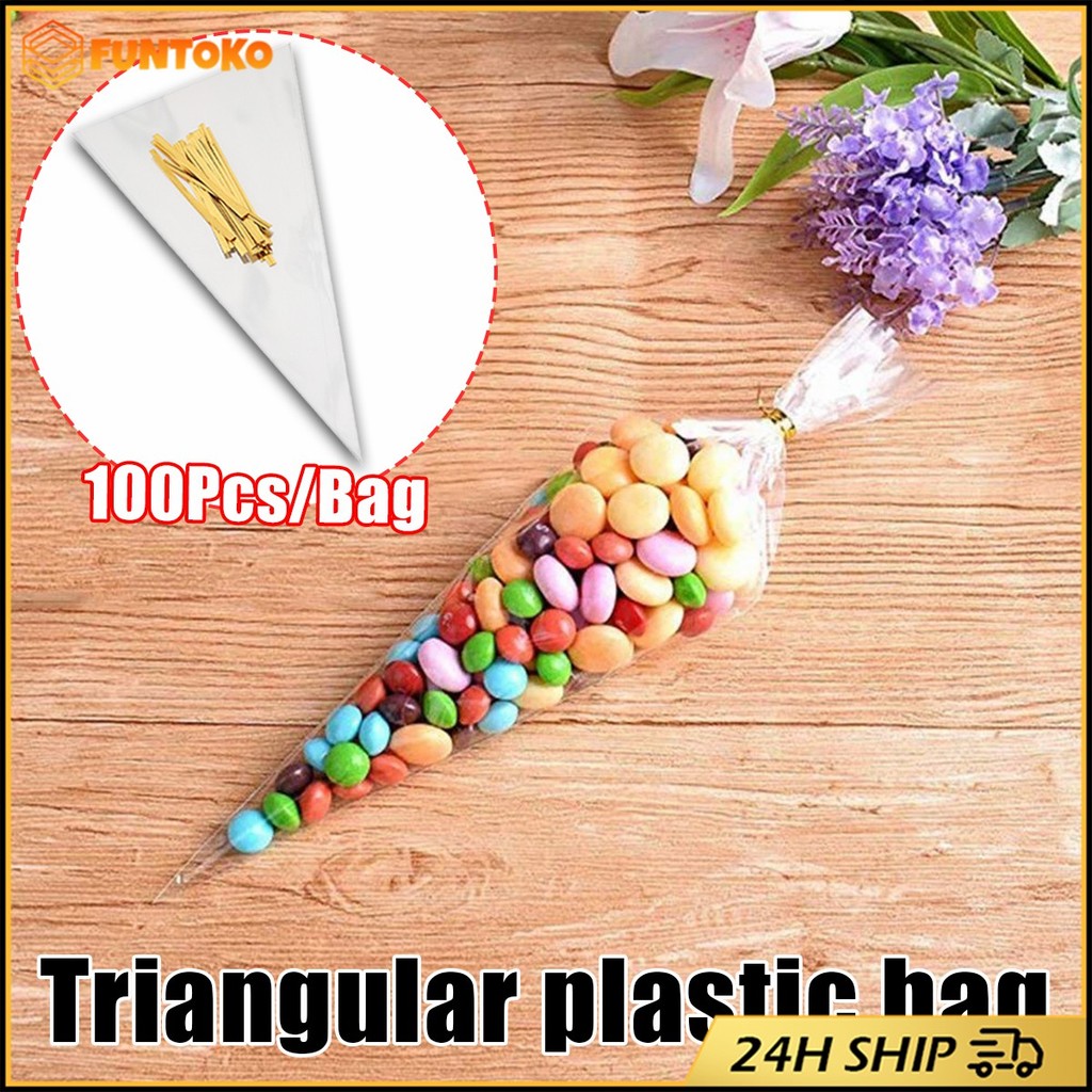 สินค้ามีคุณภาพ 100ชิ้น ถุงใส่ขนมปัง ถุงพลาสติกใสใส่ไอศกรีม ลูกอม ทรงสามเหลี่ยม