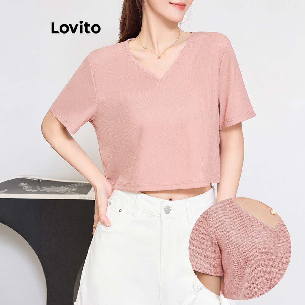 Lovito เสื้อยืดผู้หญิง สีพื้น สไตล์ลำลอง L96MD072