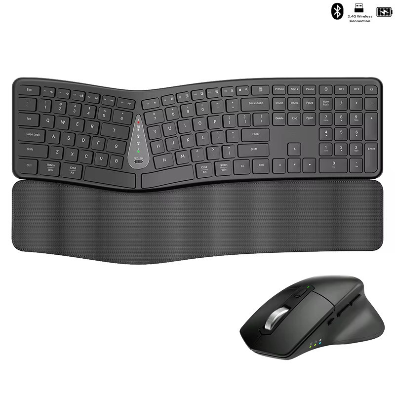 Ergonomic ไร้สายเงียบแยกคีย์บอร์ดเมาส์ Combo พร้อมที่วางข้อมือ BT Dual Mode คีย์บอร์ดชาร์จไร้สายสําหรับ Win7/8/10