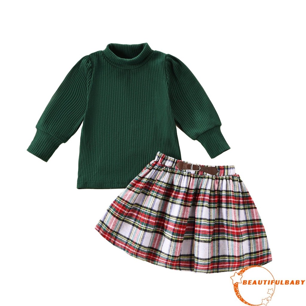 Beauty-little Girl ชุดคริสต์มาส Solid Ribbed Mock คอเสื้อแขนยาวลายสก๊อตเอวยางยืด A-Line กระโปรง 2 ชิ้นชุด