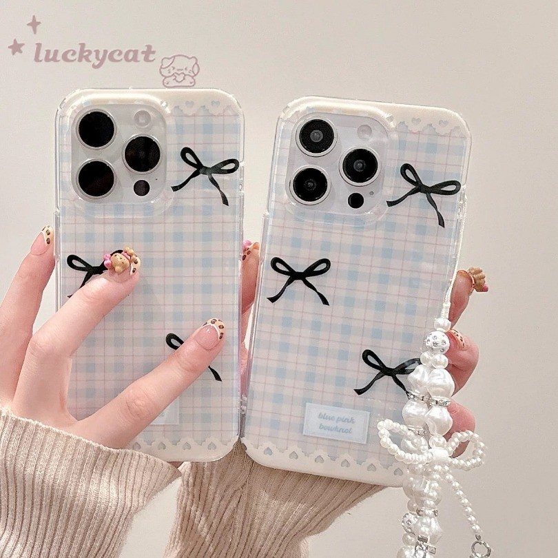 Iphone 16 15 14 13 12 11 Pro Max X Xr Xs Max 7 8 Plus SE2020 เคสโทรศัพท์ Ins Fresh Blue Grid รูปแบบโบว์สีดํา + Lanyard Clear Soft ฝาหลัง