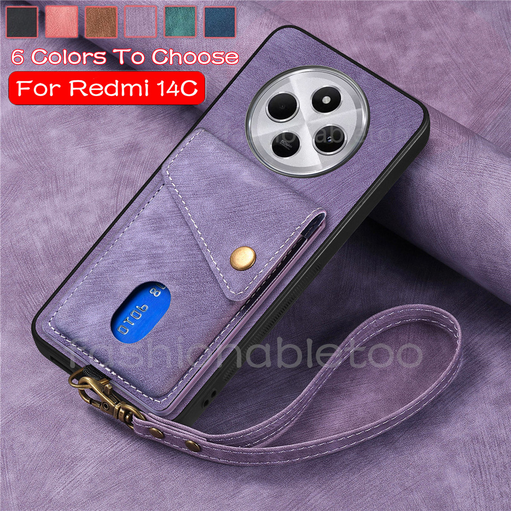 Matte หนังเคสโทรศัพท์สําหรับ Redmi 14C 13C 14 C 13 C Redmi14C Redmi13C 4G 5G ช่องใส่การ์ดกระเป๋าสตางค์วงเล็บปลอกแม่เหล็กพร้อมเชือกเส้นเล็กกันกระแทกปกหลัง