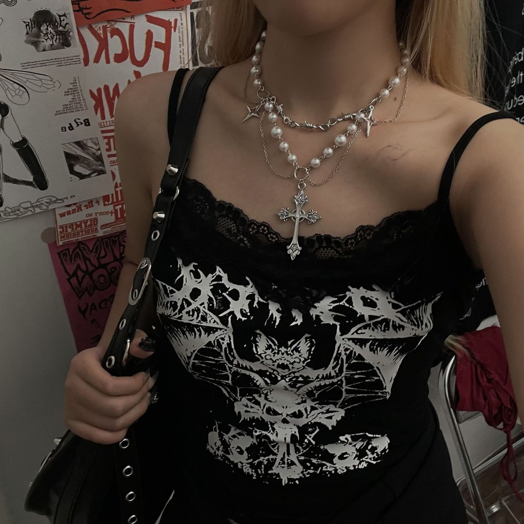 Juhsi Pearl Cross พู่สร้อยคอผู้หญิง Collarbone Chain แฟชั่น Retro ของขวัญอุปกรณ์เสริม