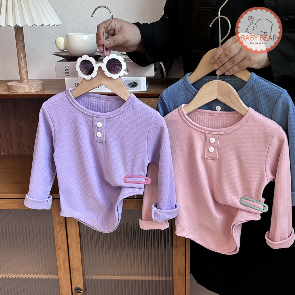 เสื้อแขนยาวเด็ก เสื้อยืดคอกลม สีพื้น  ผ้ายืดๆ แต่งกระดุม