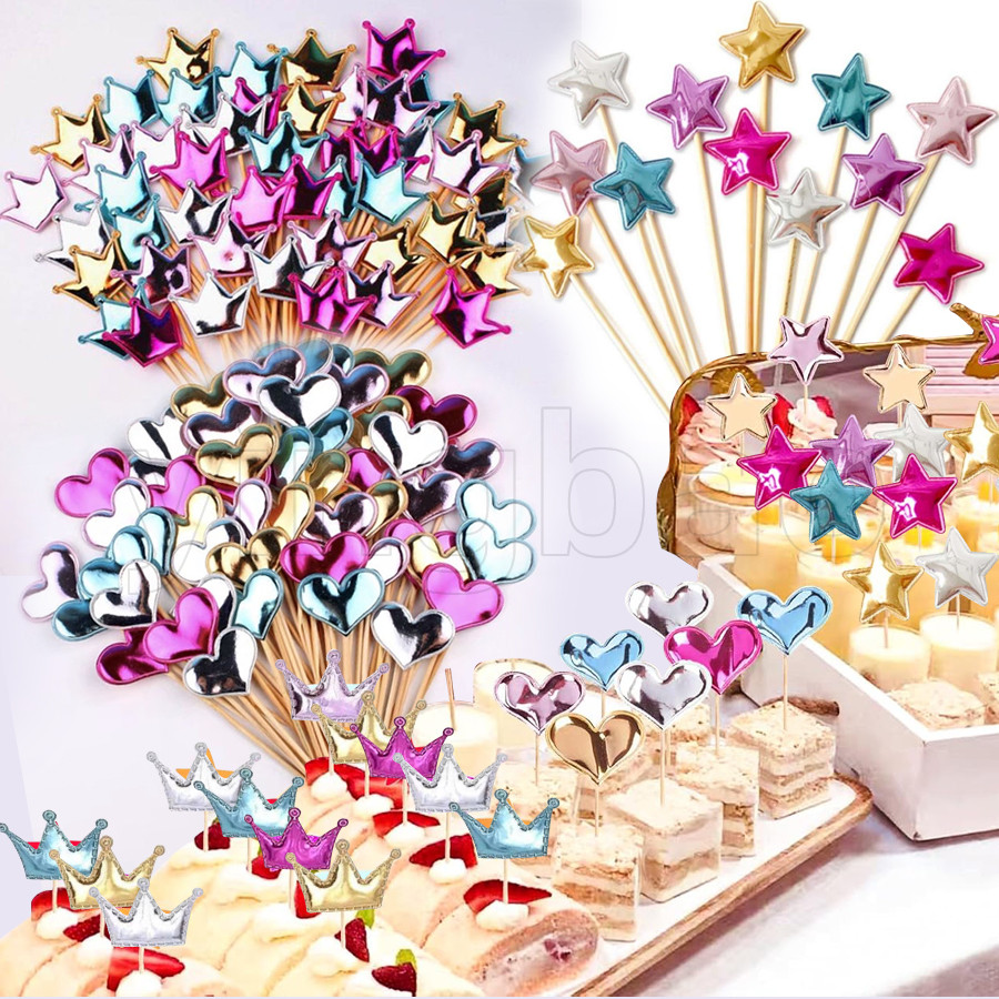 100 ชิ้น PU Heart Cupcake Toppers ตกแต่งเค้กที่มีสีสัน Crown และ Star เค้ก Toppers น่ารักตกแต่งสําหรับงานแต่งงานวันเกิดและ Baby shower