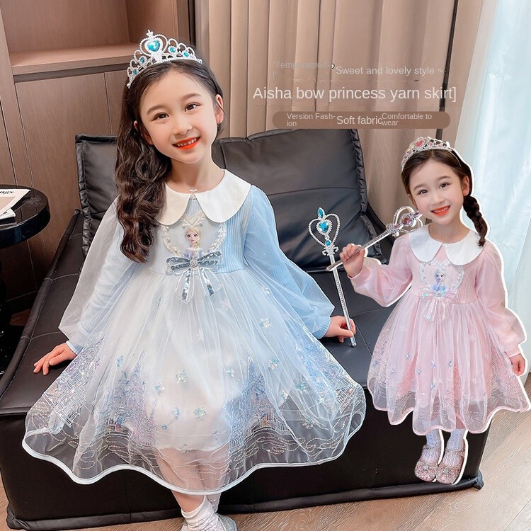 3-12ปี, 10-32.5kg ชุดเจ้าหญิงคอตุ๊กตาลายการ์ตูนสำหรับเด็กผู้หญิง