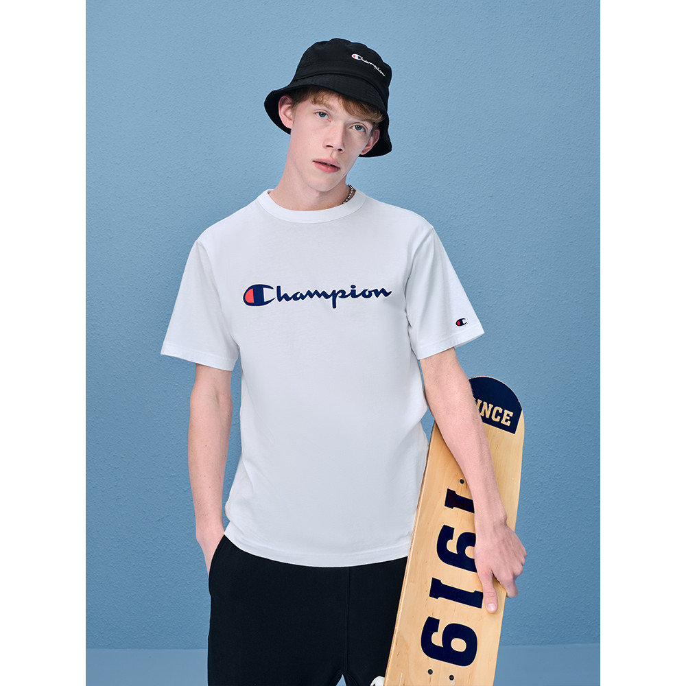 100% Cotton Champion เสื้อยืดคู่ผ้าฝ้ายแท้ผู้ชาย Street Wear American Retro Casual Summer Dopamine แ