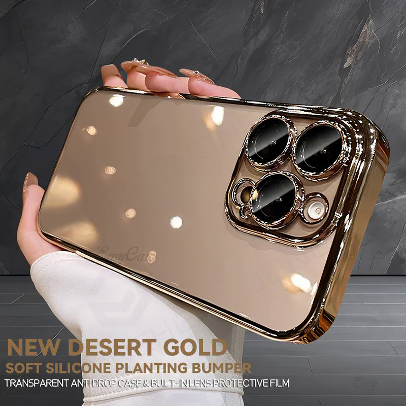 หรูหราชุบ Desert Gold กันชน Slim Clear ซิลิโคนสําหรับ iPhone 16 15 14 13 12 Pro Max 16Plus เลนส์ฟิล์มฝาครอบป้องกัน