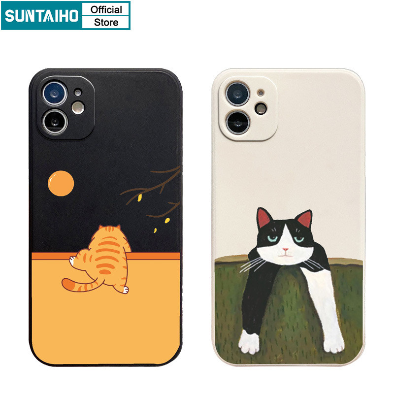 Suntaiho แฟชั่น Creative Lying Lazy Cat รูปแบบซิลิโคนนุ่มเคสโทรศัพท์สําหรับ iPhone 16 15 14 13 12 11 Pro Max IP XS X XR XS Max 7 8 Plus ปลอกกันกระแทก