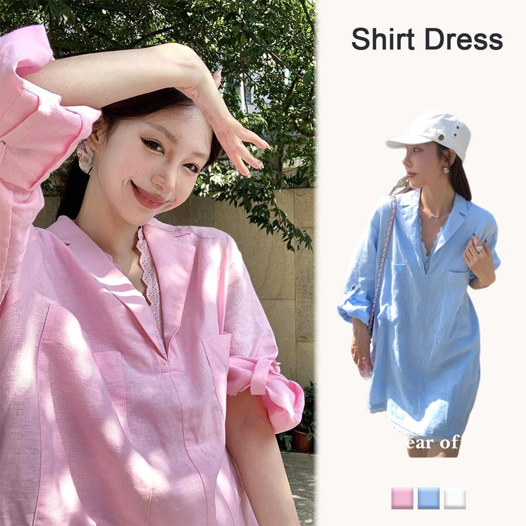 KOKO#เสื้อคอวีผู้หญิง เสื้อเชิ้ตแขนยาวเรียบหรูระดับพรีเมี่ยม คอเสื้อลูกไม้เย็บปะติดปะต่อกัน สไตล์ยาว#W520