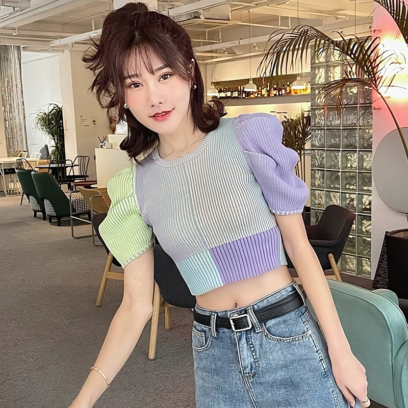 Chic พร้อมส่ง เสื้อยืด คอกลม แขนตุ๊กตา สีพาสเทลหวานสดใส น่ารักสุดๆ ผ้าไหมพรมงานร่อง ยืดได้เยอะ สาวอวบใส่ได้