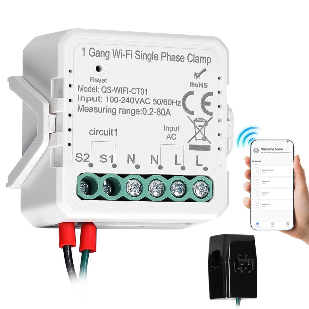 Tuya WiFi 2 Gang 80A Single Phase Clamp พลังงานแสงอาทิตย์ PV Bidirectional Two Way Energy Meter Mobilephone APP ควบคุม Current Transformer Schedule Timer Home Automation อุปกรณ์
