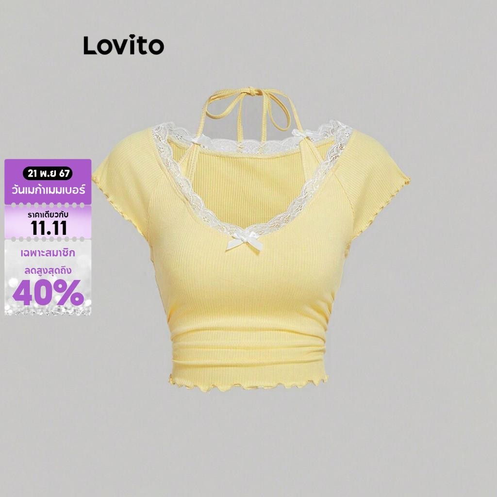 Lovito เสื้อยืดผู้หญิง เย็บหลอกสองชิ้น ผูกโบว์ แต่งลูกไม้ สีพื้น สไตล์น่ารัก L88AD042