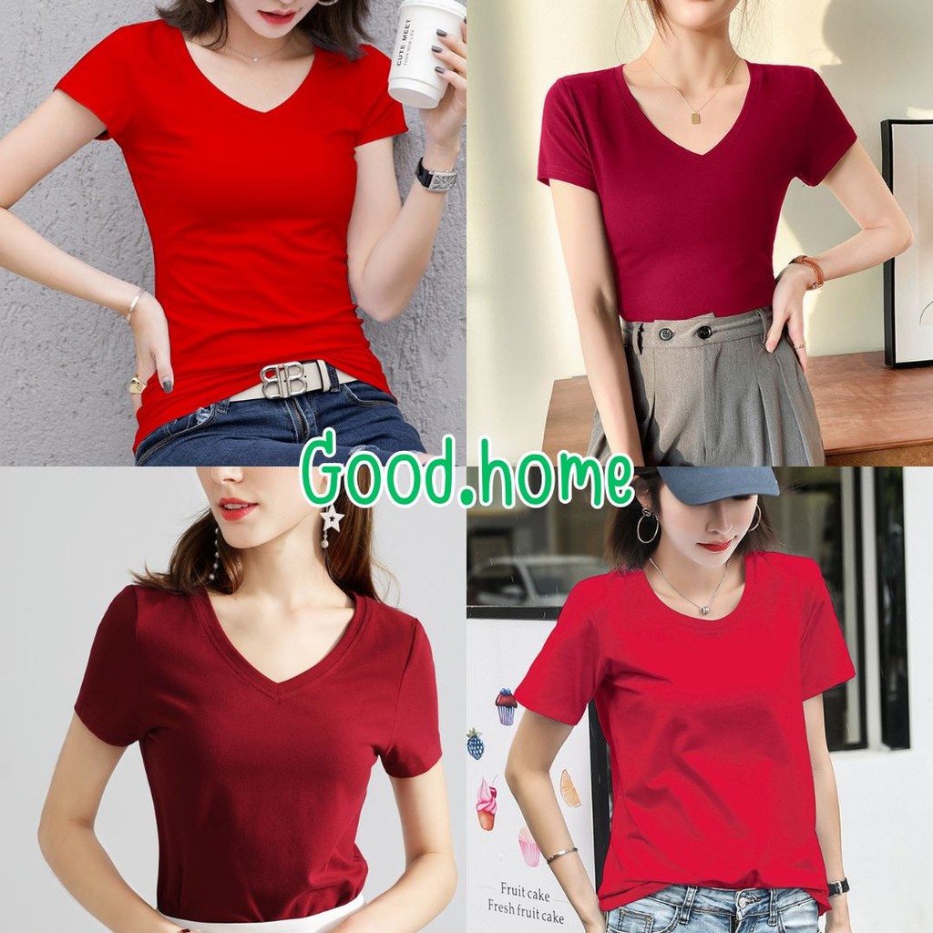 NEW เสื้อยืด(สีแดง) แขนสั้น/แขนยาว - คอกลม/คอวี เสื้อเทศกาล #356681