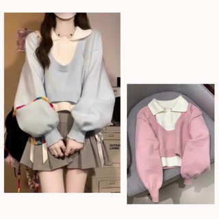 Áo len thu đông set 2 món thiết kế cổ sơ mi phối tay bồng hottrend AHA SP242