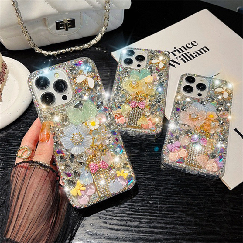 เคสโทรศัพท์เปลือกโบว์ดอกไม้เหมาะสําหรับ ไอโฟน15โปรแม็กซ์ พลอยเทียม หรูหราแอปเปิ้ล16เพชรเต็มรูปแบบเชอร์รี่