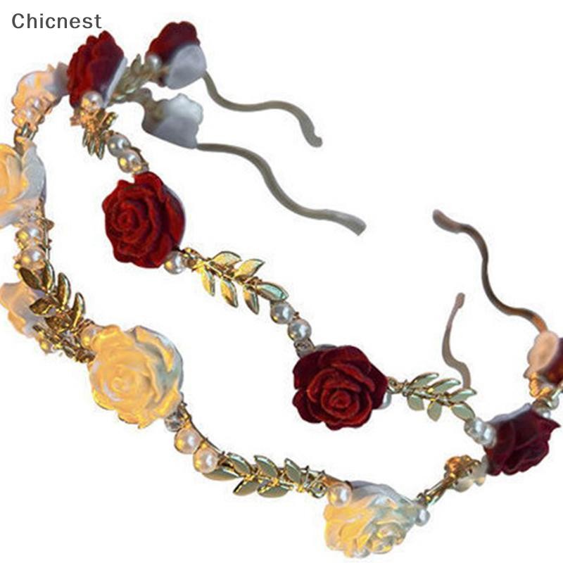 [Chicnest] สุภาพสตรีelegant Roseเครื่องประดับผมHeaddressสาววินเทจโลหะดอกไม้มุกสีแดงสีขาวRose Tiara Hairbandsบูติก
