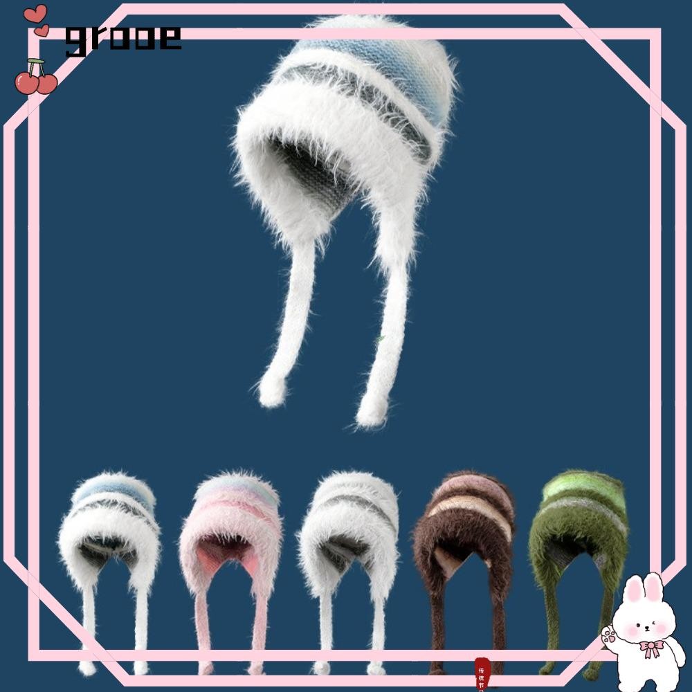 Grooe หมวกถัก, สี Ccollision การจับคู่สีหมวกทําด้วยผ้าขนสัตว์, แฟชั่นถักเปียยาว Versatruction ความน่ารัก Lace-up Plush หมวกผม