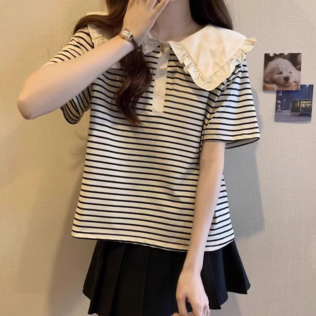 เสื้อยืดแขนสั้นคอปีกลายทาง แนวสตรีทใส่สบาย - รูปที่ 2