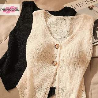 Pinkcool ฤดูร้อนผู้หญิงแฟชั่นสีทึบปุ่มเก๋คอวีแขนกุดถัก Camisole HOT