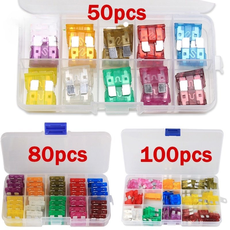 50/80/100pcs รถขนาดกลางใบมีดฟิวส์ Assortment รถฟิวส์รถจักรยานยนต์เรือรถบรรทุกยานยนต์ 3A 5A 7.5A 10A 15A 20A 25A 30A 35A 40A