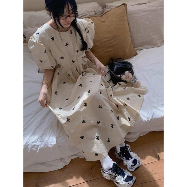 เกาหลีทงแดมุนหวานลดอายุรอบคอโบว์พิมพ์การออกแบบหลวมกลางความยาวพัฟแขนชุดหญิง PPPO