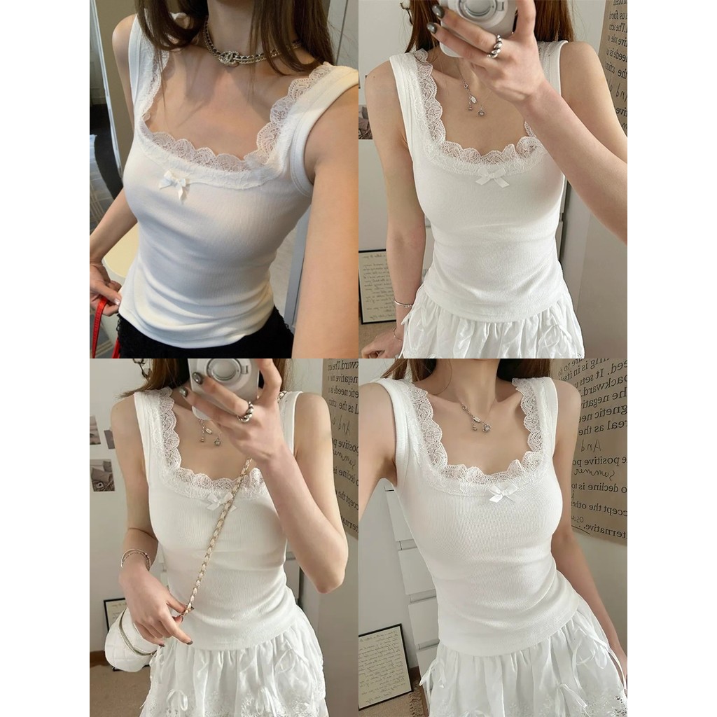 💖Soroh💖เสื้อกล้าม มีฟองน้ำ แต่งลูกไม้ โบว์ ยืดกำลังดี💟เสื้อแขนกุด สไตล์เกาหลี ทรงสวย น่ารัก💕#FY6946