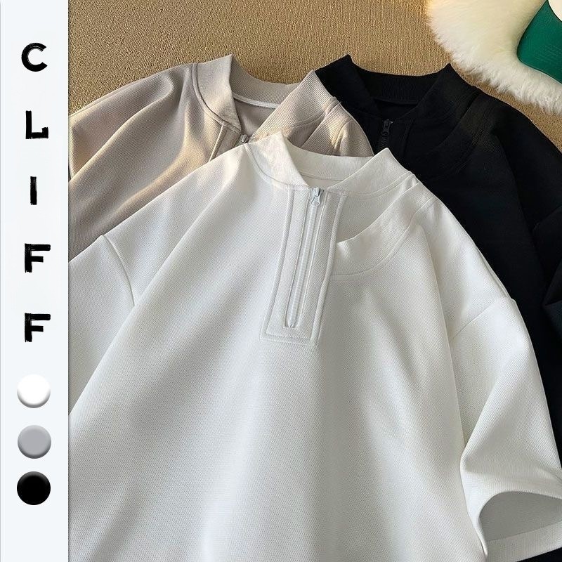 CLIFF ยอดนิยม เสื้อยืดผู้ชาย การออกแบบซิปครึ่ง สีล้วนเรียบง่าย คนส่วนน้อยแมทช์ลุคง่าย
