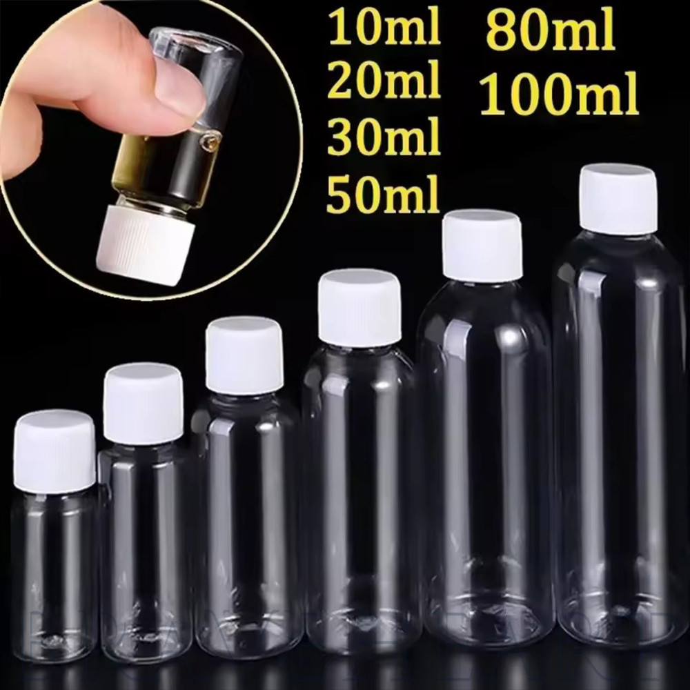 ขวดตัวอย่าง PET แบบใช้ซ้ําได้ 10/20/30/50/80/100ml | ภาชนะเครื่องสําอางความโปร่งใสสูงพร้อมหมวกปิดผนึกเหมาะสําหรับการเดินทางผลิตภัณฑ์ดูแลผิว/โลชั่นเติม5ชิ้น