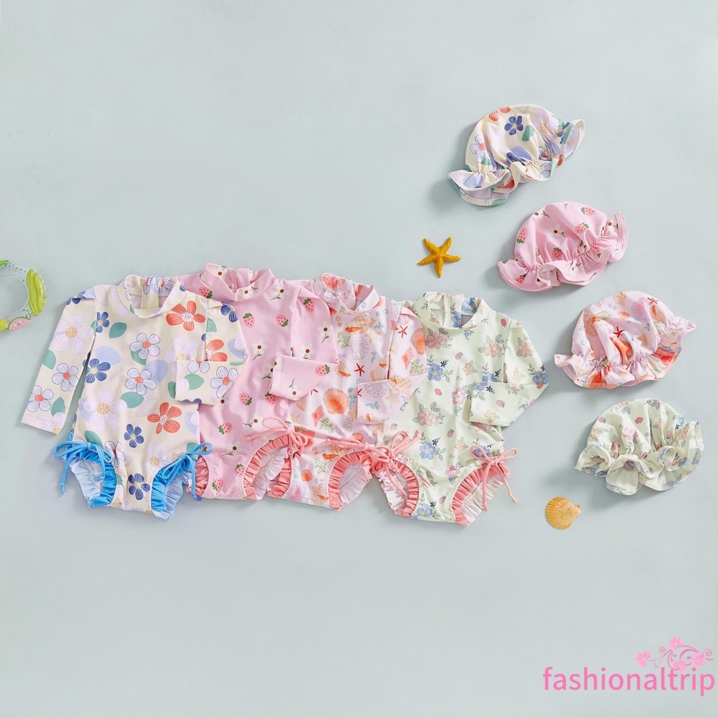 ชุดว่ายน้ําเด็กผู้หญิงสงกรานต์ 2 ชิ้นชุด - UPF 50+ ผื่นยามแขนยาว (ดอกไม้พิมพ์/เปลือกหอย) พร้อมหมวกกันแดด | ชุดว่ายน้ําคอจําลอง