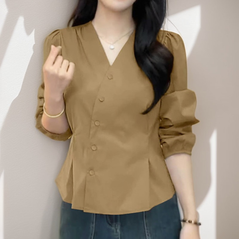 เสื้อผู้หญิงสไตล์เกาหลีลําลองหรูหราโวลต์คอธรรมดาแขนยาวโคมไฟจีบ
