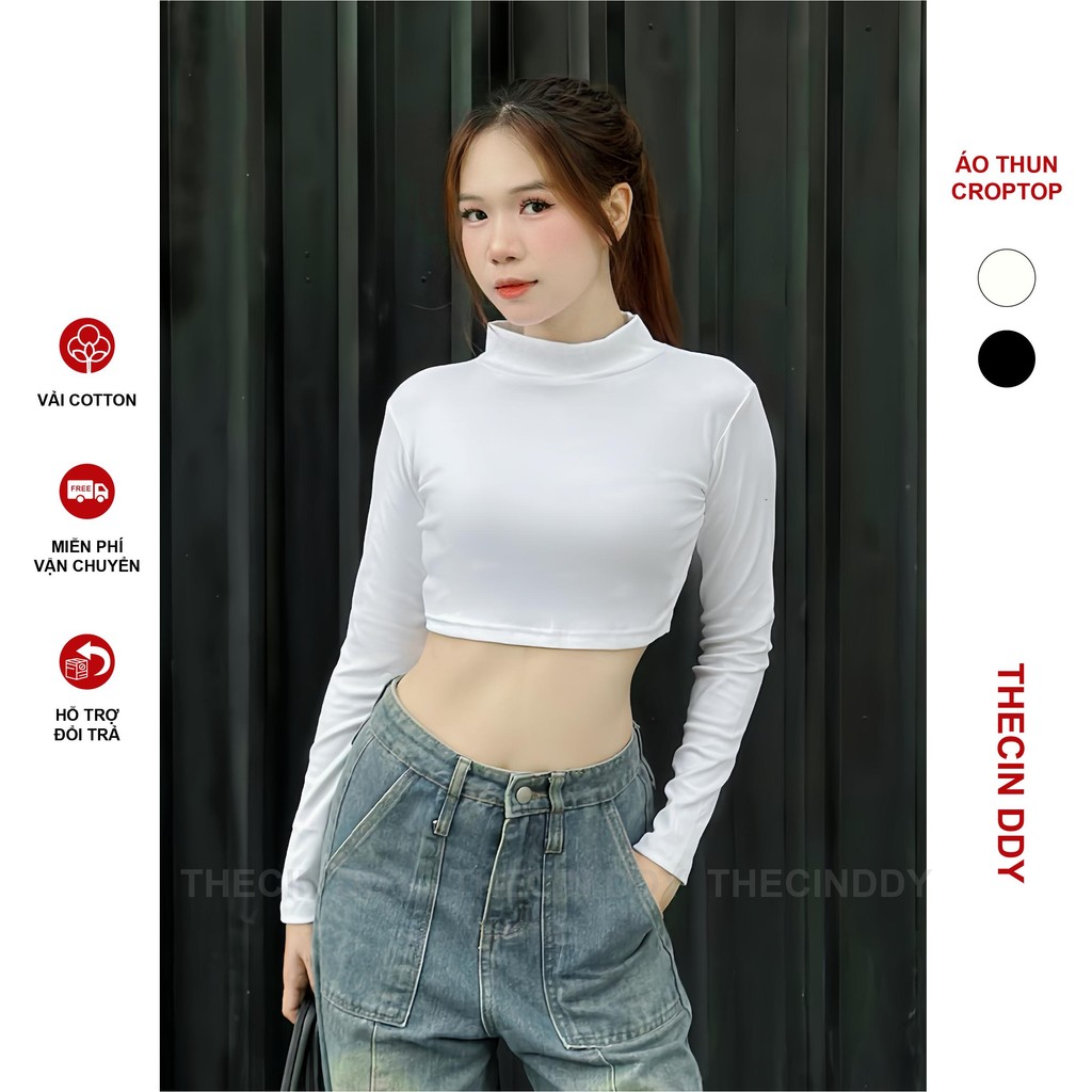 THECIN DDY เสื้อยืดโครเชต์ผู้หญิงแขนยาวคอปก Slim Fit Basic Plain Pattern CRTD-01