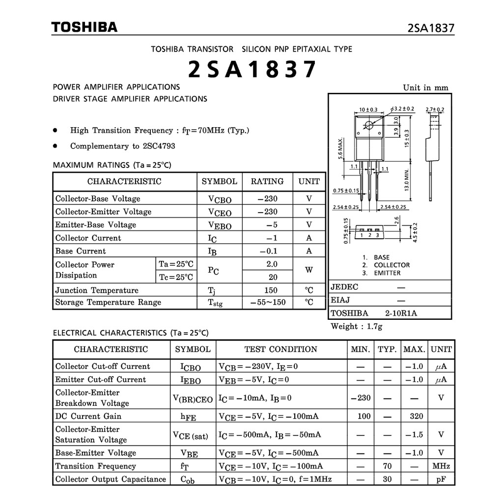 (1คู่) [TR] A1837 + C4793 TOSHIBA TR 1A 230V 20W ราคา ถูกที่สุด ดีลบีเคเค แกลเลอรีภาพที่ 5