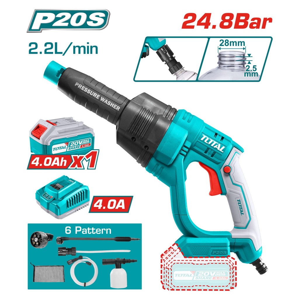 Total เครื่องฉีดน้ำ ไร้สาย 20 โวลท์ พร้อมอุปกรณ์ รุ่น TPWLI2008 / TPWLI20084 ( Lithium-Ion Pressure 