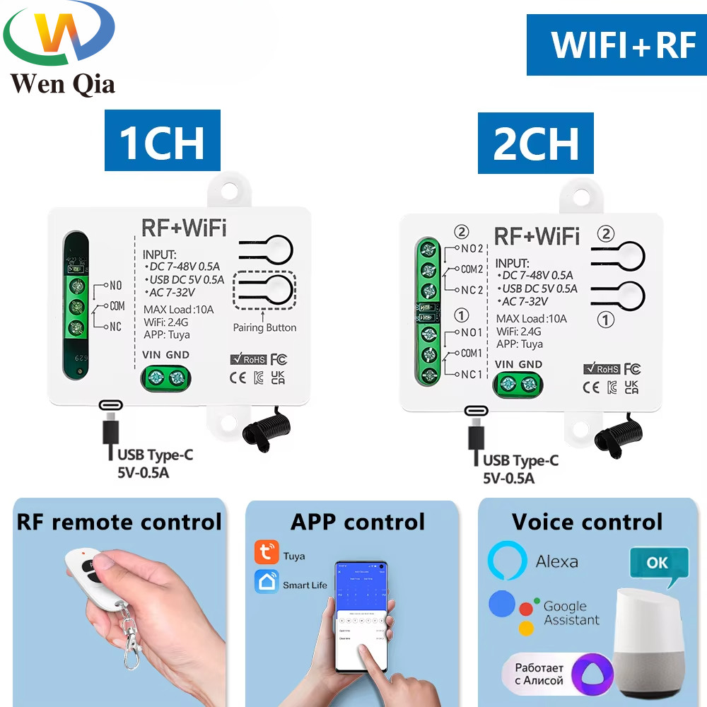Tuya WiFi รีโมทคอนโทรลไร้สายสวิตช์ไฟ 5V 12V 24V 48V 1CH/2CH Dry Contact Relay Alexa Google Home Alice สําหรับโคมไฟ/มอเตอร์