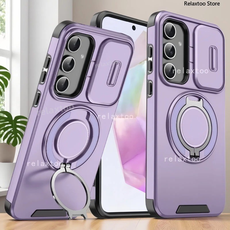 Casing For Samsung Galaxy A17 A07 A56 A55 A54 A36 A35 A26 A06 A16 A25 A23 A15 A14 A13 5G 4G Shockproof Hard Phone Case Metal Armor Ring Bracket Stent Back Push Camera Lens Privacy Protect Holder Back Casing Cover
